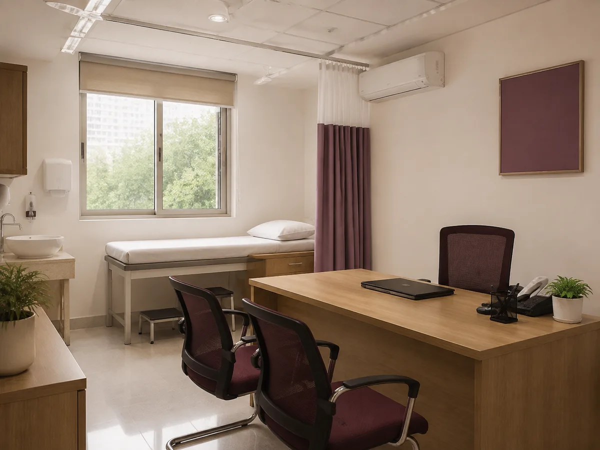 Fictional consultation room with a desk and examination couch