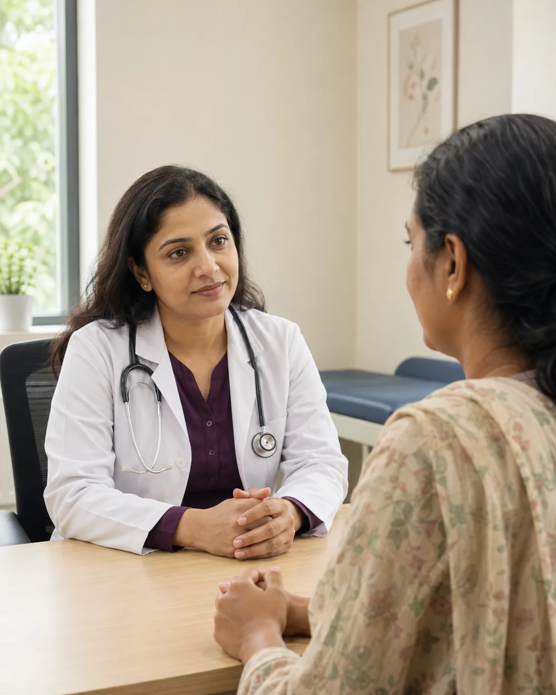 Fictional doctor listening to an adult patient in a daylit consultation room
