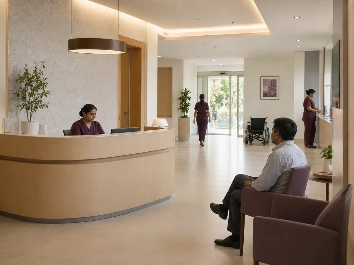 Daylit fictional reception with pale oak desk and warm neutral seating