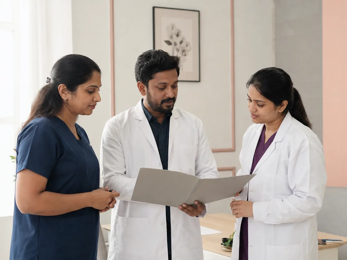 Fictional clinicians discussing care in a calm staff room