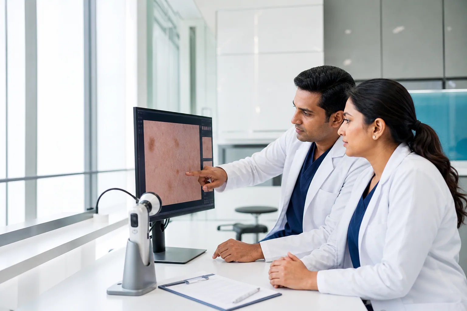 Fictional DermaNova clinicians reviewing a dermatology assessment together