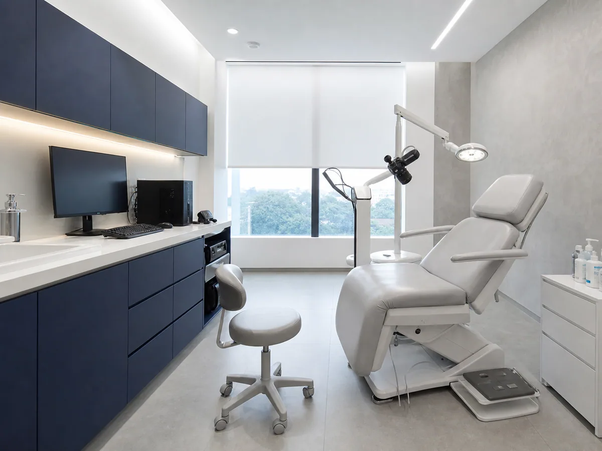Bright clinical dermatology assessment room