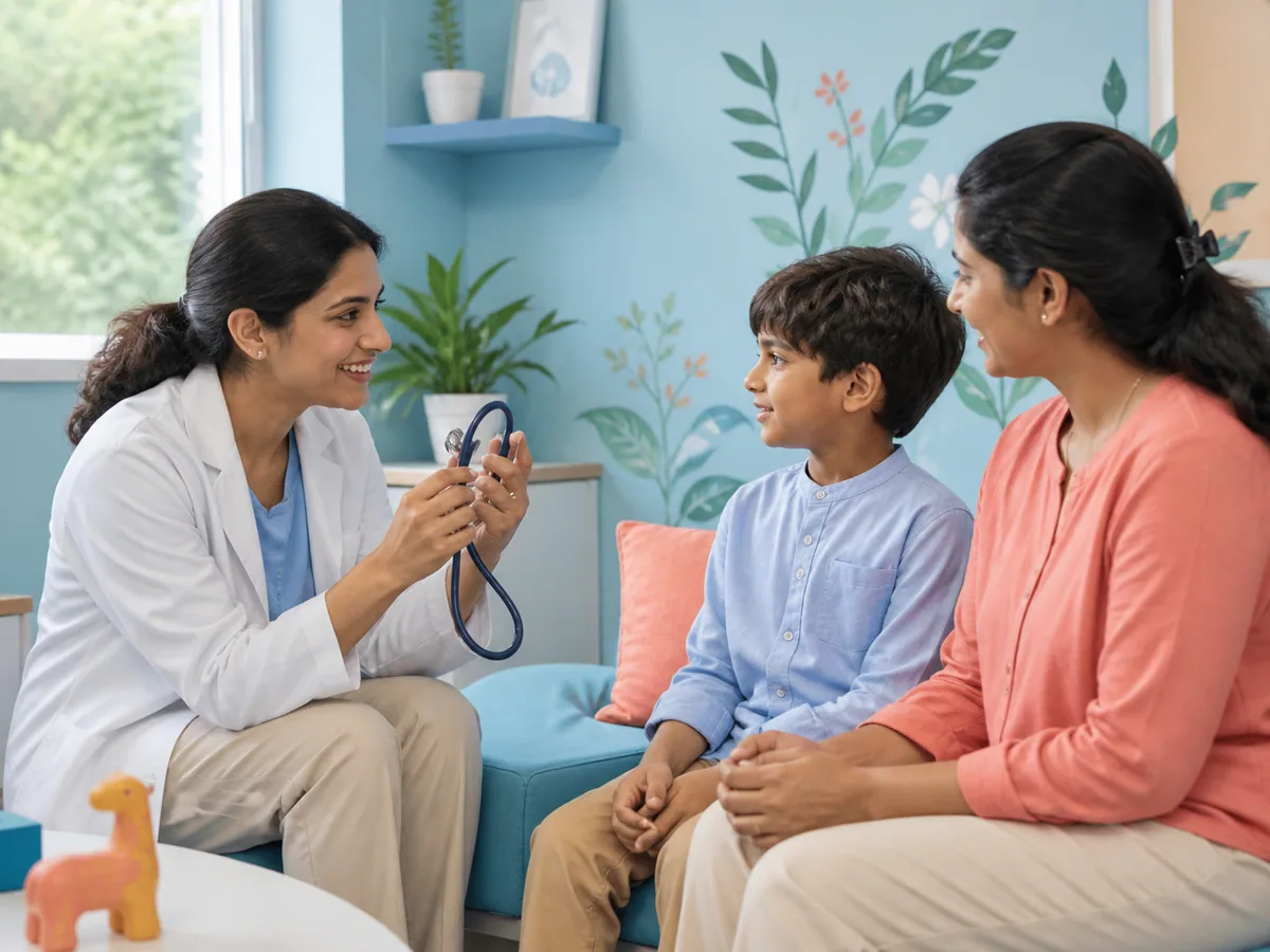 Paediatrician gently explaining a first visit to a parent and child