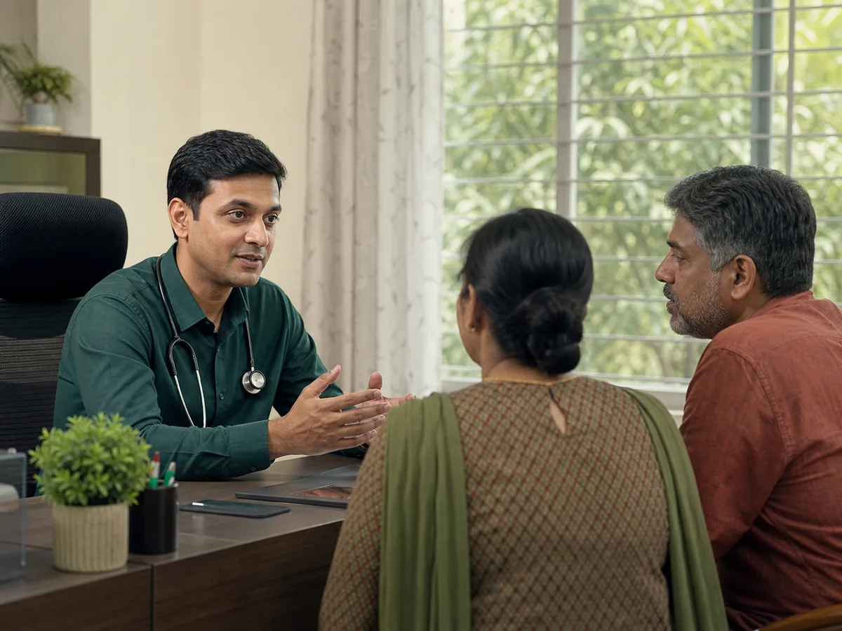 Clinician having a clear, friendly conversation with a local family