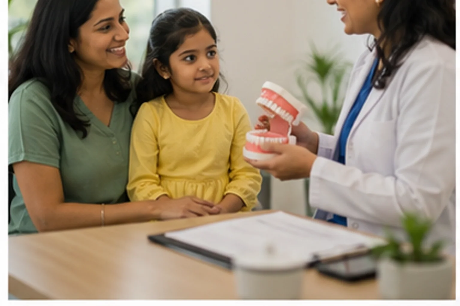 A fictional family learning about a dental visit together