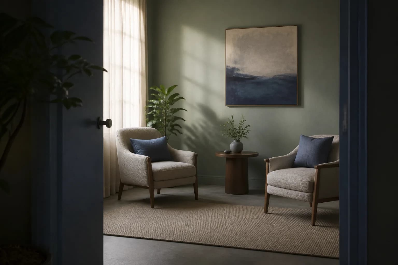 A softly lit doorway into a calm fictional mental health consultation room
