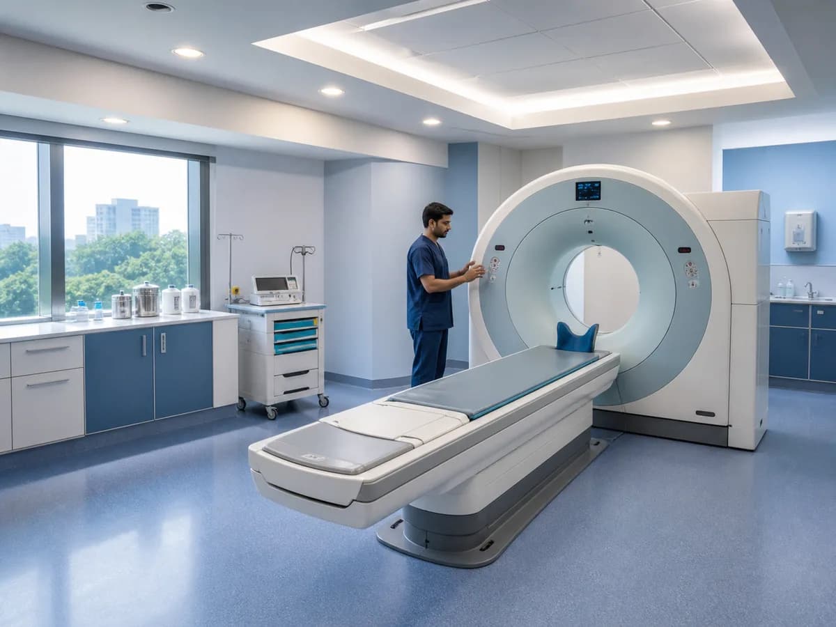 Modern hospital diagnostics room with clear circulation space