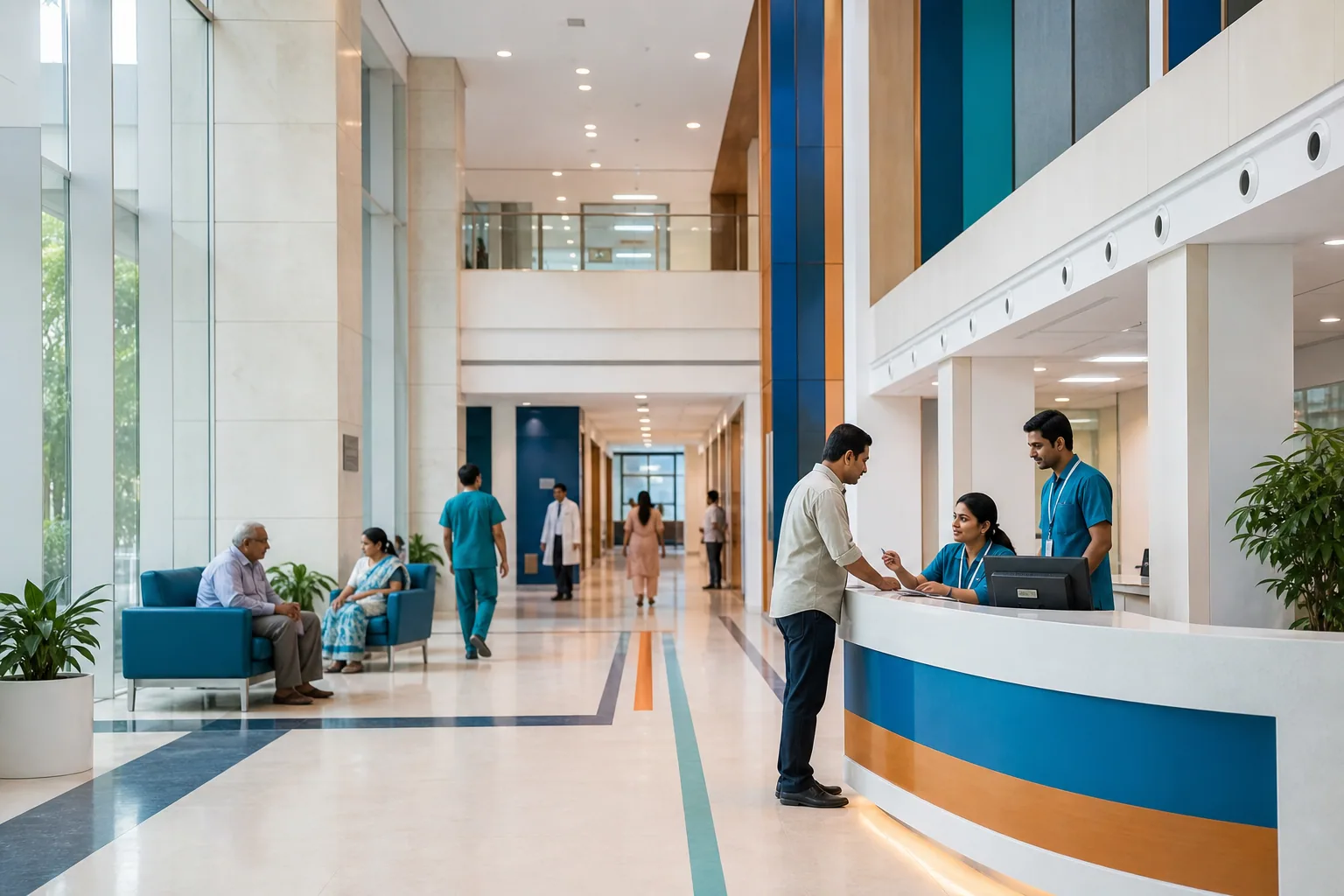 Bright reception and wayfinding area in the fictional Sahaj hospital