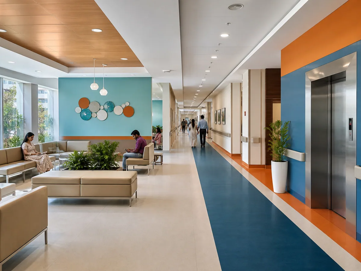 Multispeciality hospital corridor with coded department wayfinding