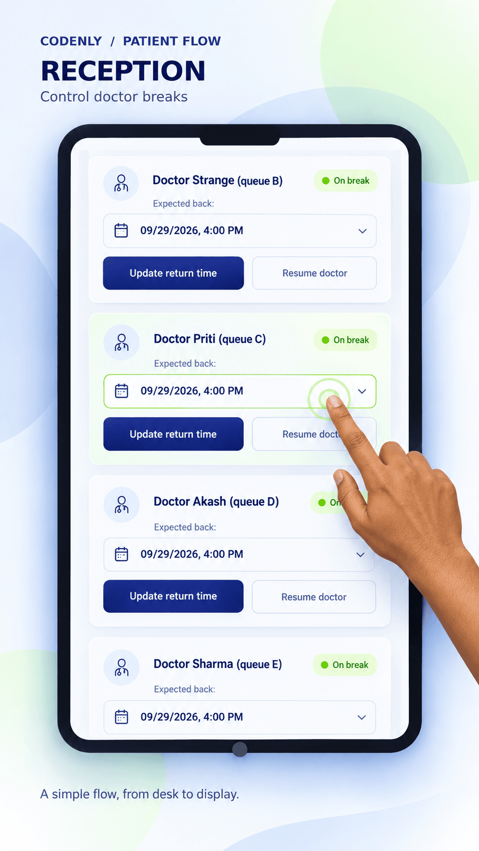 Codenly Patient Flow break management screen