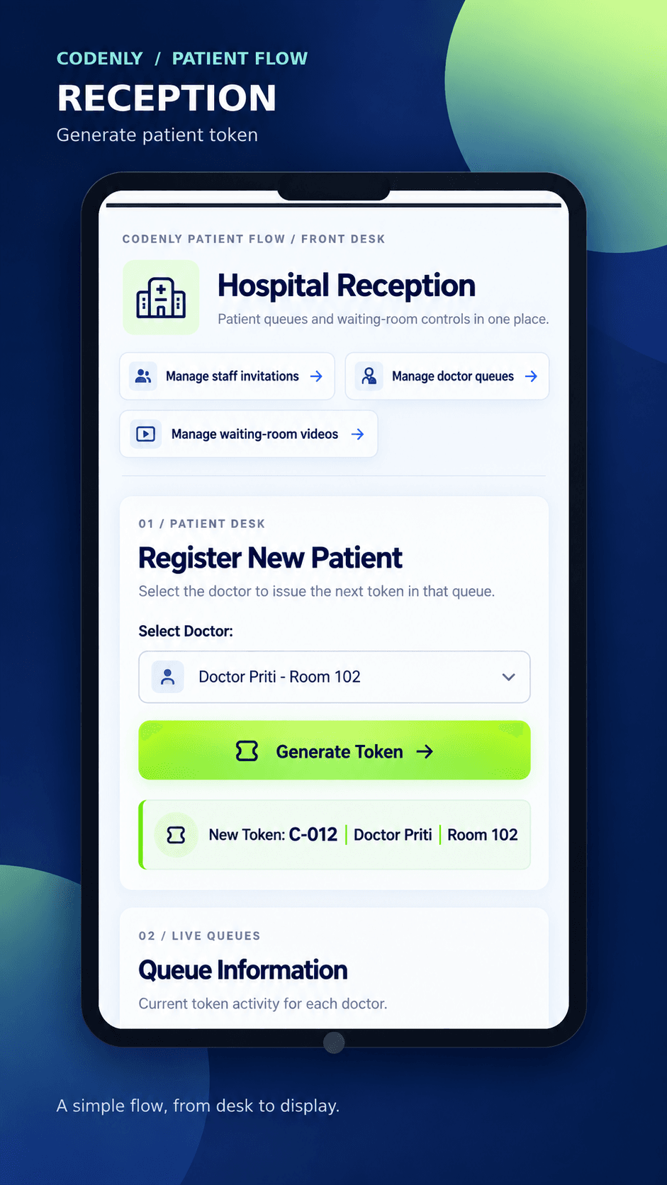 Codenly Patient Flow reception token generation screen
