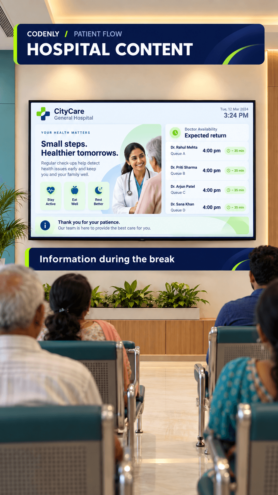 Waiting-room display showing useful content during a clinical break