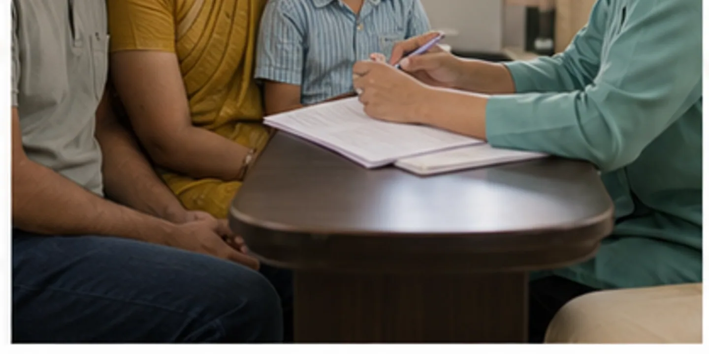 Family guidance conversation at fictional Aashray