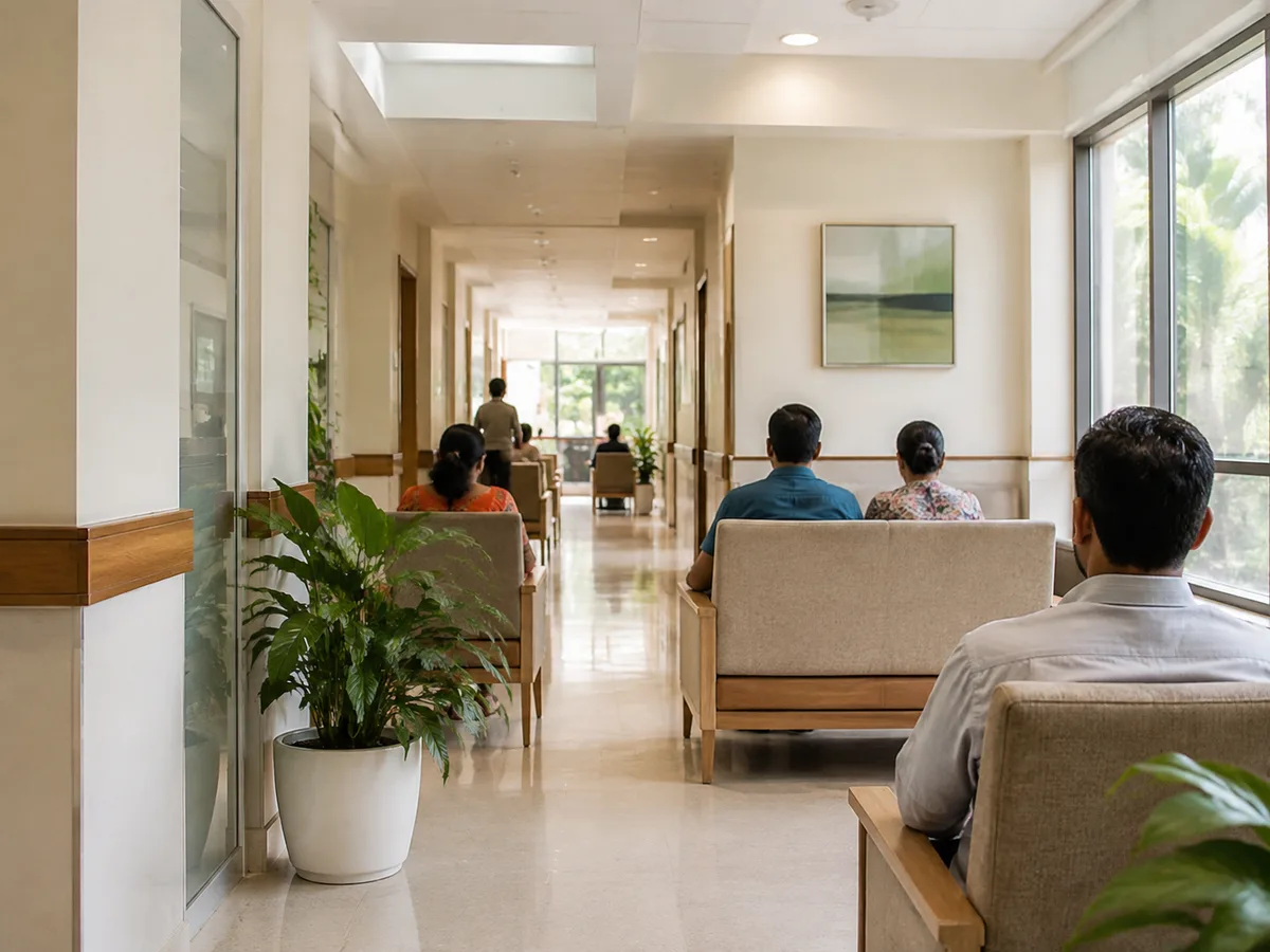 Fictional family waiting space with natural light and neutral chairs