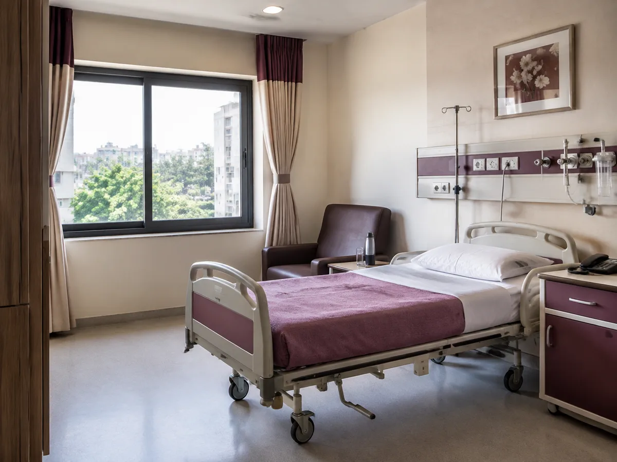 Fictional hospital patient room in soft daylight