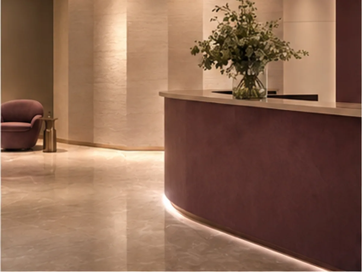 Muted mulberry reception inside the fictional Evara clinic
