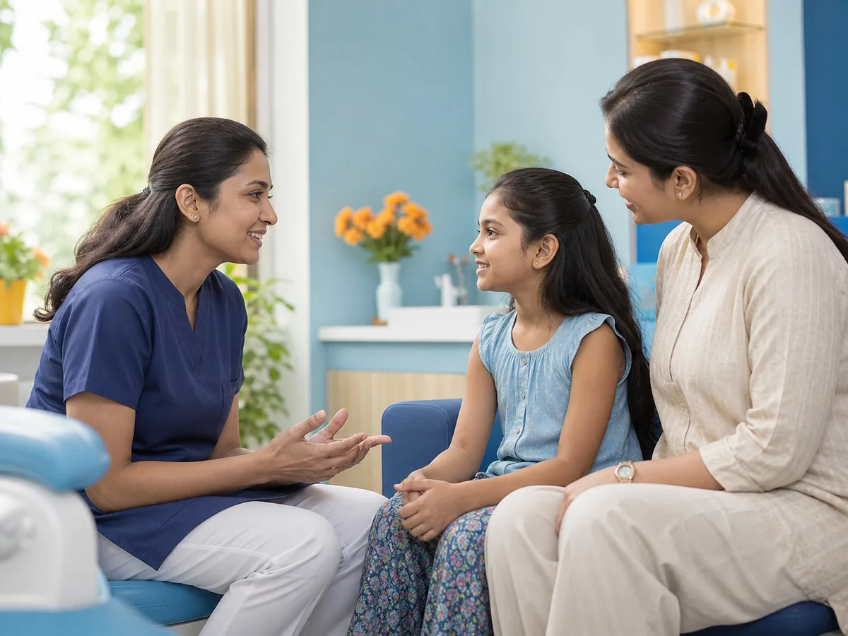 Dentist gently explaining a first visit to a family